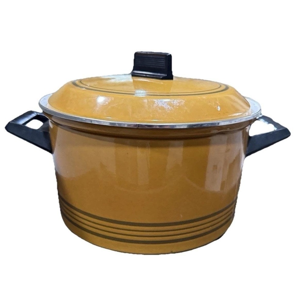 Vintage Yellow Siegwerk Stainless Steel Enamel Stock Pot with Lid MCM